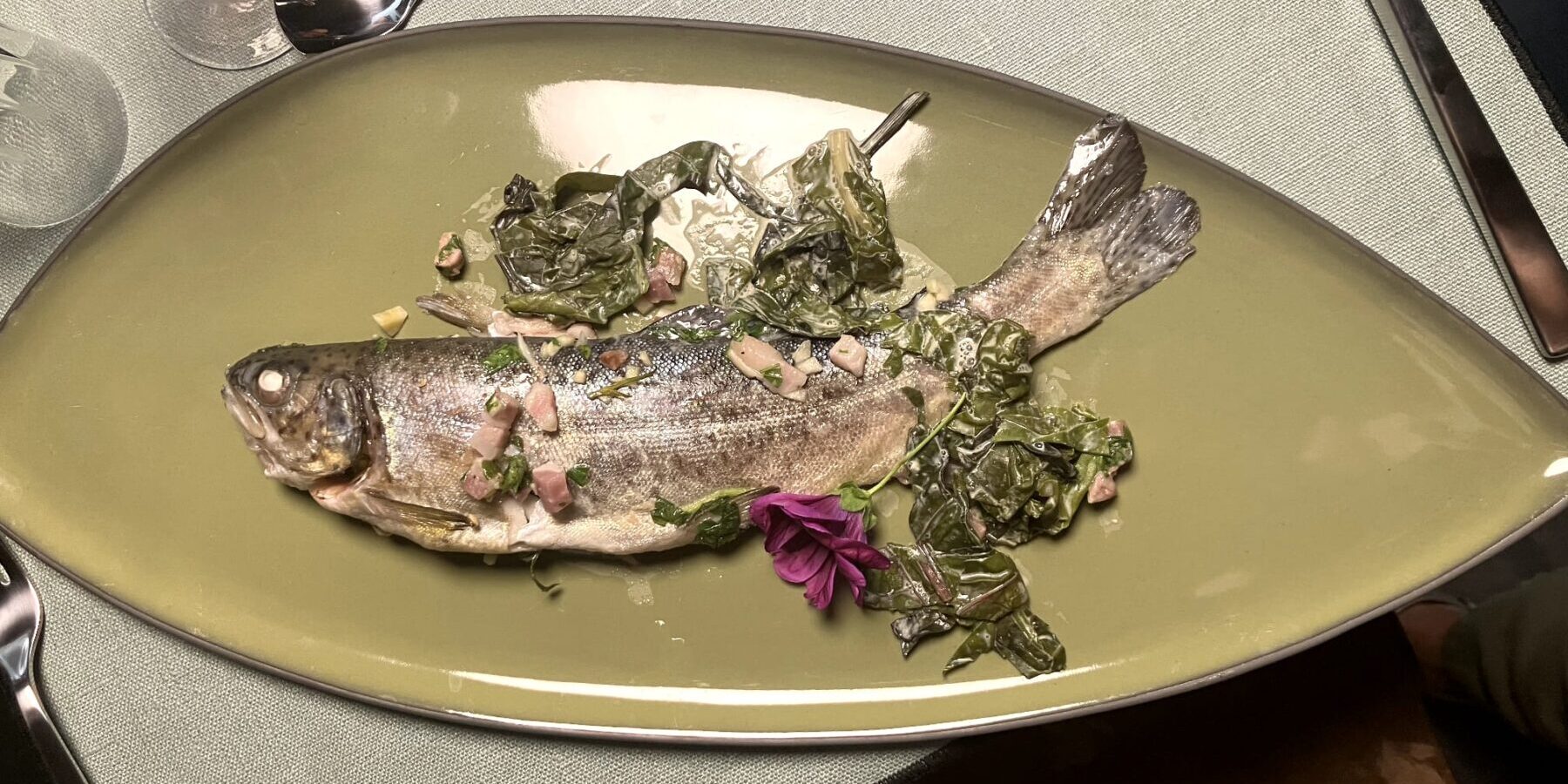 Truite à la vicoise de la Maison du Chevalier des Huttes à Vic sur Cère (Auvergne Rhone Alpes, Cantal, France)